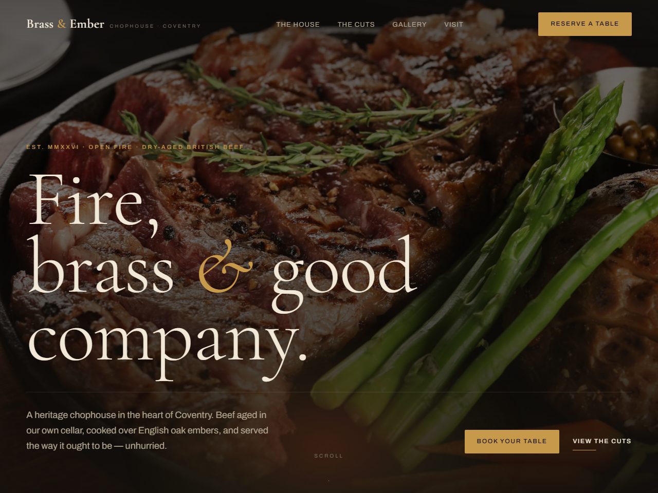 Brass & Ember — editorial steakhouse website for Coventry, with full menu and booking